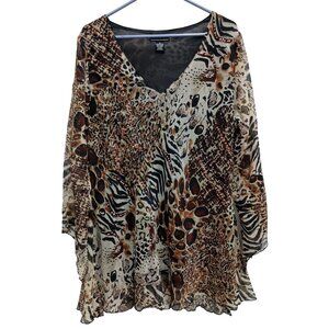 VTG Metro 22 Womens Tunic Top SZ 1X Black Brown Animal Print Chiffon Whimsygoth
